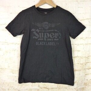 Superdry Black Label T-Shirt Women US 6 Black Out Graphic Logo Short Sleeve Moto